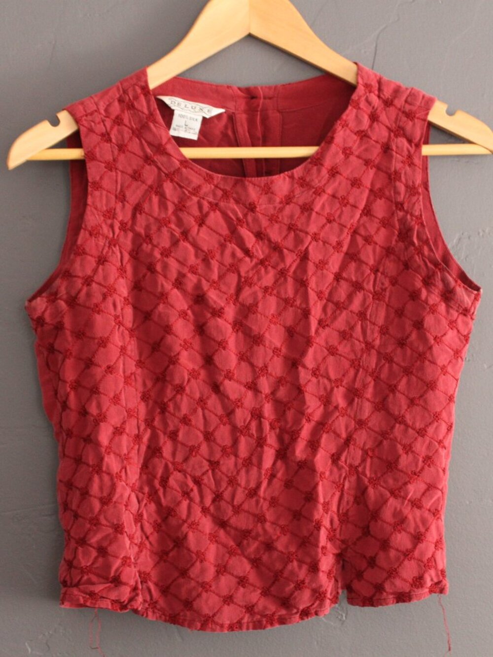 VINTAGE Red Silk Embroidered Sleeveless Button Back Top